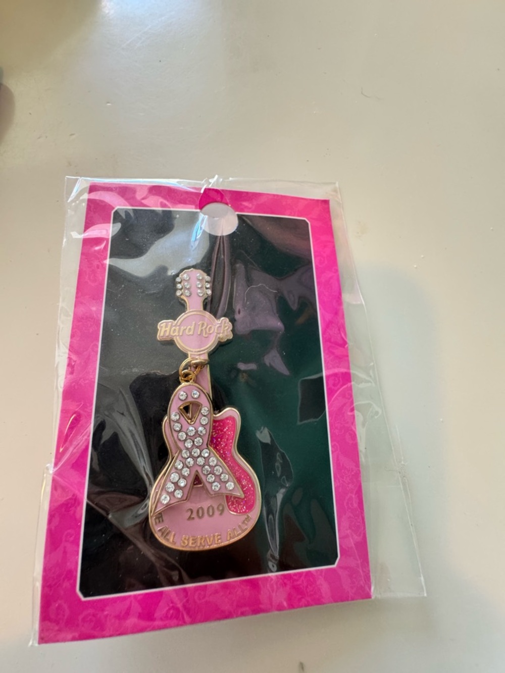 Hard Rock Cafe Pink and Gold Ribbon Guitar Brooch